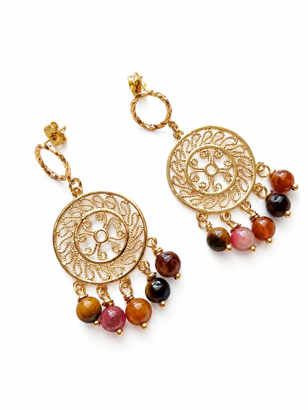 Gold Filigree Disc Drop Earrings with Multicolor Gem Beads